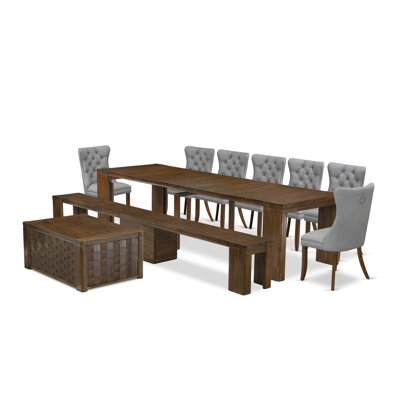 L'ensemble de salle à manger 10 pièces comprend une table de cuisine rectangulaire extensible, 1 table basse, 7 chaises de salle à manger en polyester et 1 banc, noyer antique