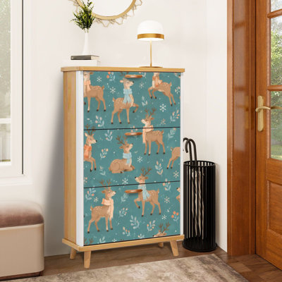 Shoe Storage Cabinet with 3 Flip Drawers for Cute Reindeer Scarves Winter Leaves Teal Shoe Rack Storage Organizer