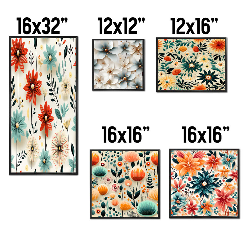 Carnesville - ensemble de 5 impressions murales florales, Cadre flottant noir