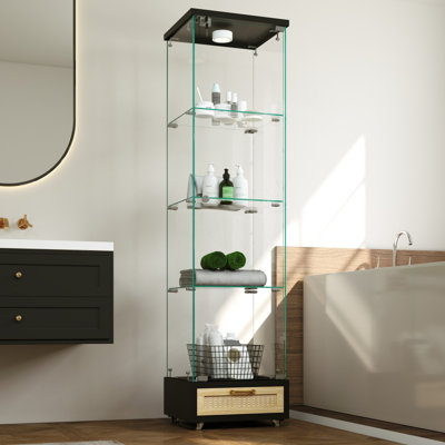 Vitrine moderne en verre avec tiroir, armoire antique à assemblage rapide avec lumières DEL, bibliothèque en verre trempé, armoire de rangement à 1 porte avec 4 tablettes pour le salon et la chambre à coucher, noir et naturel