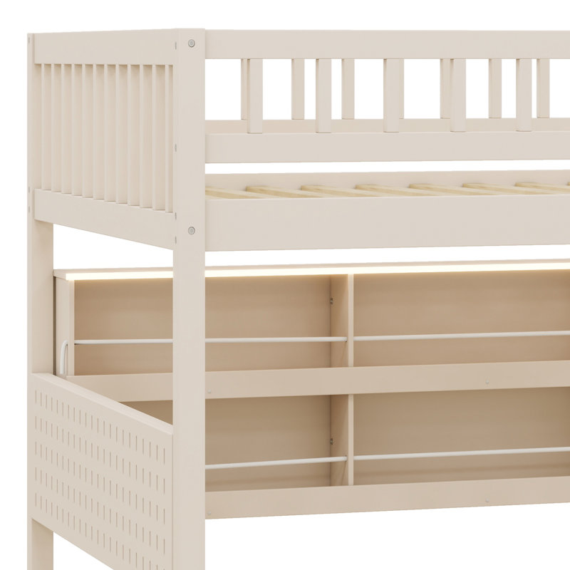 Lit superposé avec tablettes intégrées, lumières à changement de couleur et panneau perforé, Beige