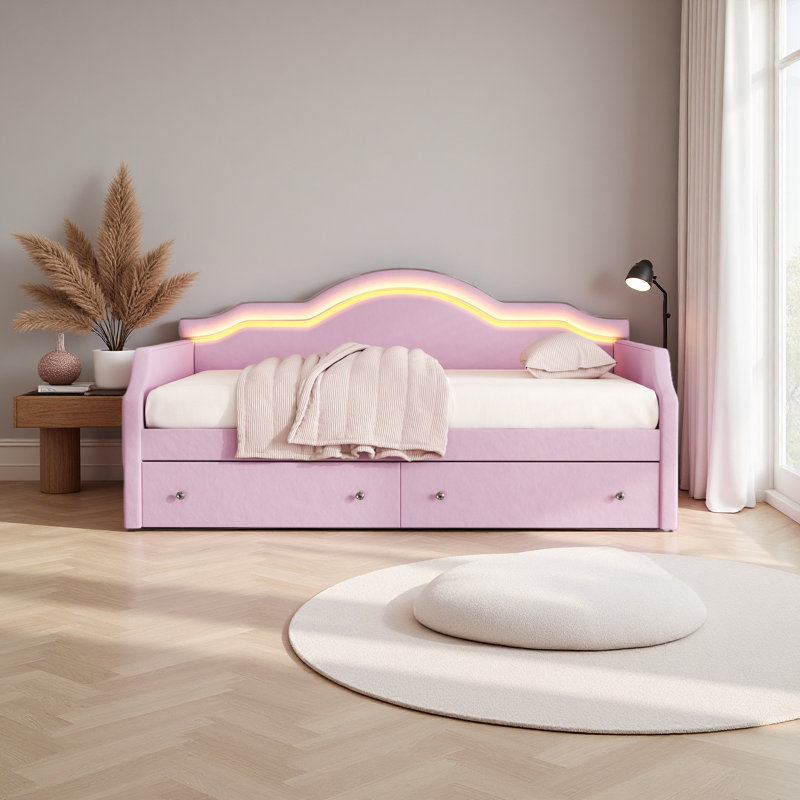 Upholstered Daybed With LED And 2 Drawers, Full/Double, Pink
