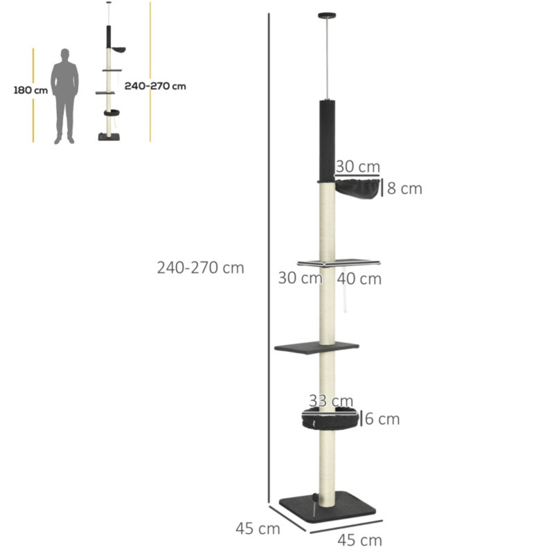240‑270cm Adjustable Floor‑to‑Ceiling 5‑Tier Cat Climbing Tower with Bed, Hammock & Platforms, Dark Grey