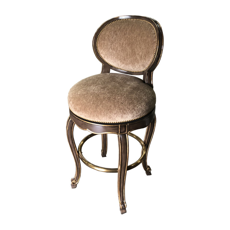 Sovereign Aria Gray Swivel Bar Stool with Aged Gold Wood Frame