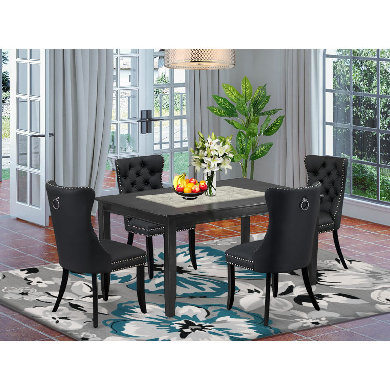 Ensemble de table et chaises de cuisine 6 pièces composé d'une table de salle à manger rectangulaire et de 4 chaises rembourrées en tissu de polyester avec banc, noir
