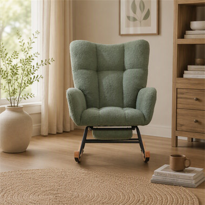 Ensemble fauteuil à bascule à oreilles en tissu Teddy et repose-pieds, fauteuil à bascule d'allaitement pour chambre d'enfant avec poche de rangement latérale, mouvement de glissement fluide, base en bois massif sécurisée, fauteuil d'appoint confortable pour le salon.