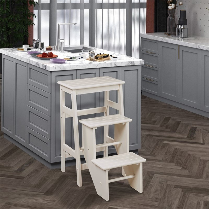Pemberly Row Contemporary 30-Inch 3-Tier Folding Step Stool in Cream, Cream