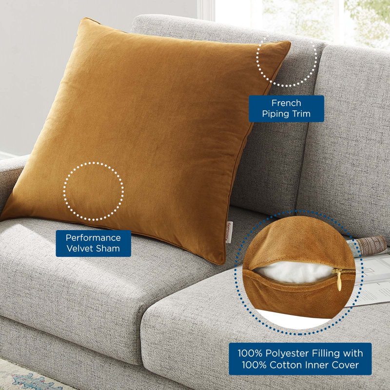 Enhance Performance Velvet Throw Pillow by Modway, Cognac, 23.5" x 23.5"