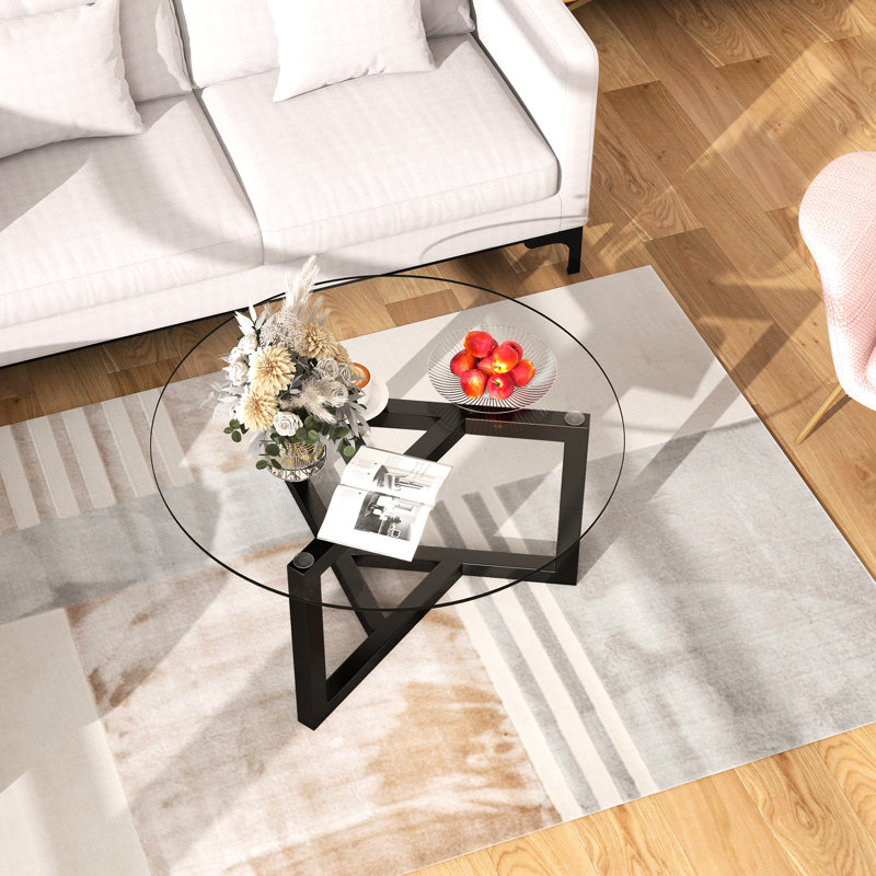 Table de bout ronde avec base en bois et surface en verre trempé, noir, design simple, Noir