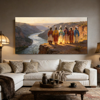 Native American Canvas Wall Art, Indian Heritage Feather Painting, River Canyon Scene Picture Prints, Canvas Wrapped Framed Poster for Living Room, Office Wall Decor, Ready to Hang, 20×40 Inches