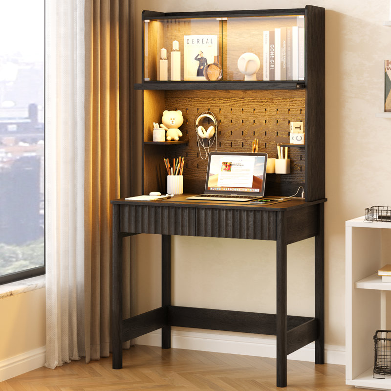 Computer Desk with Power Outlet and Tri-Color Light, Black