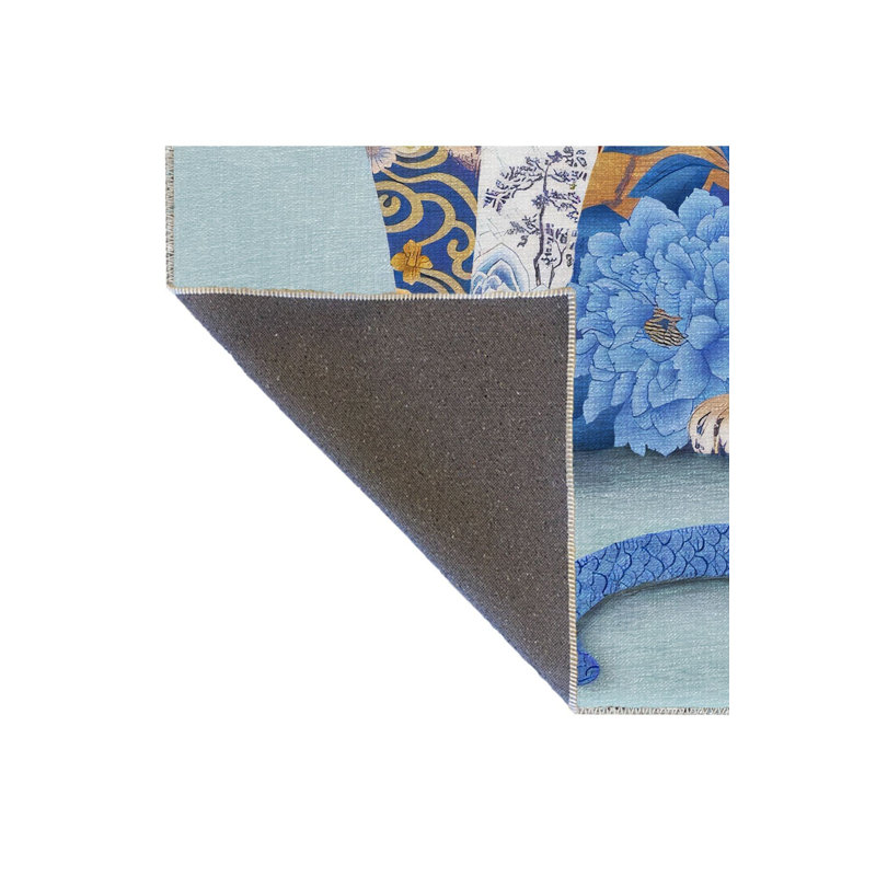 Tapis décoratif moderne à motif tigre lavable à la machine bleu et jaune, Sous-tapis rectangulaire de 3 pi 3 po x 4 pi 11 po