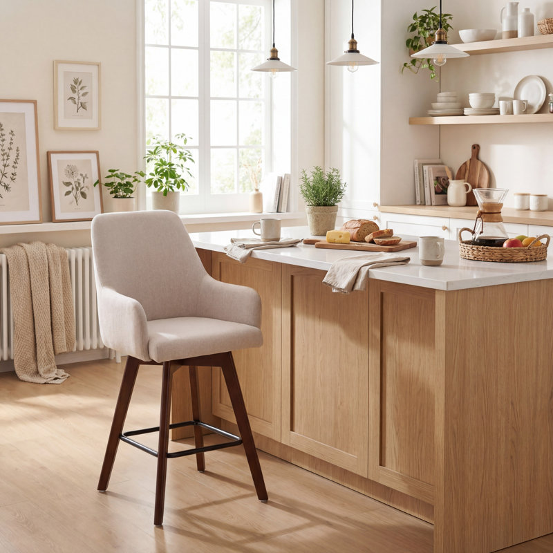 Upholstered Bar Stool with Wooden Legs Modern Counter Stool with Back & Footrest Comfortable Kitchen Island Stool for Home Bar