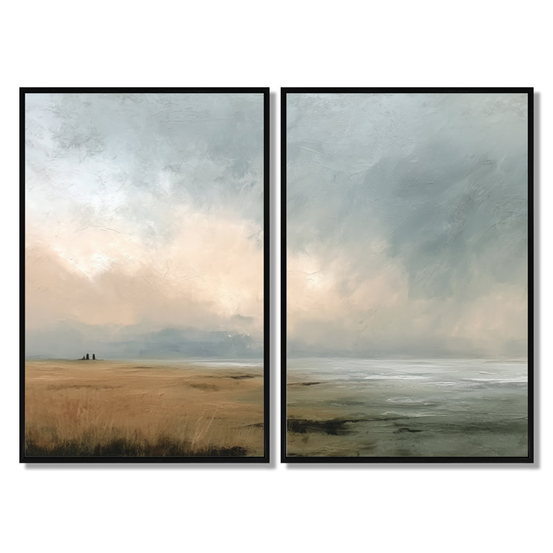 «Green and Gray Coastal Rain Af après-midi», art sur toile côtier, art mural vert côtier 2 pièces, H 36 po x l 48 po, Noir