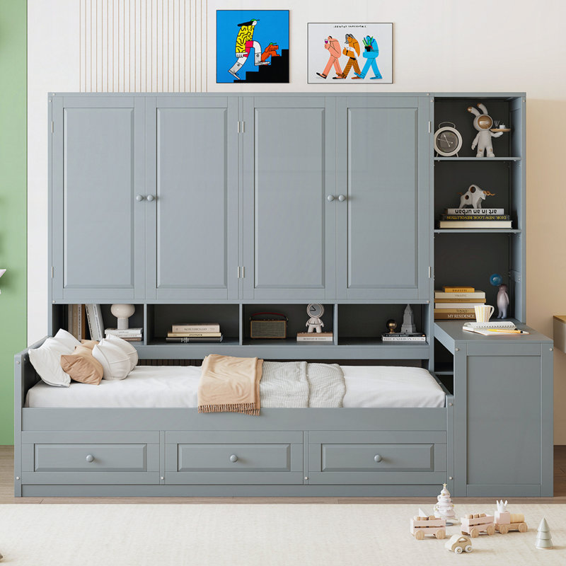 Lit de jour en bois avec trois tiroirs, armoire tout-en-un, bureau et tablettes, Simple, Gris