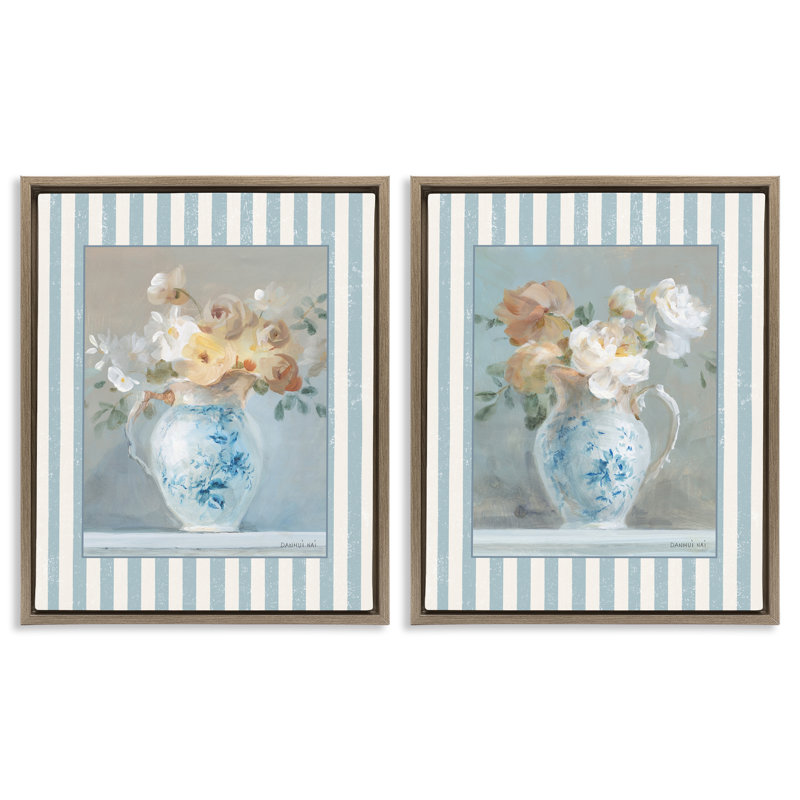 Ensemble de 2 cadres flottants Heirloom Bouquet on Stripes, design par Danhui Nai, H 21 po x l 17 po
