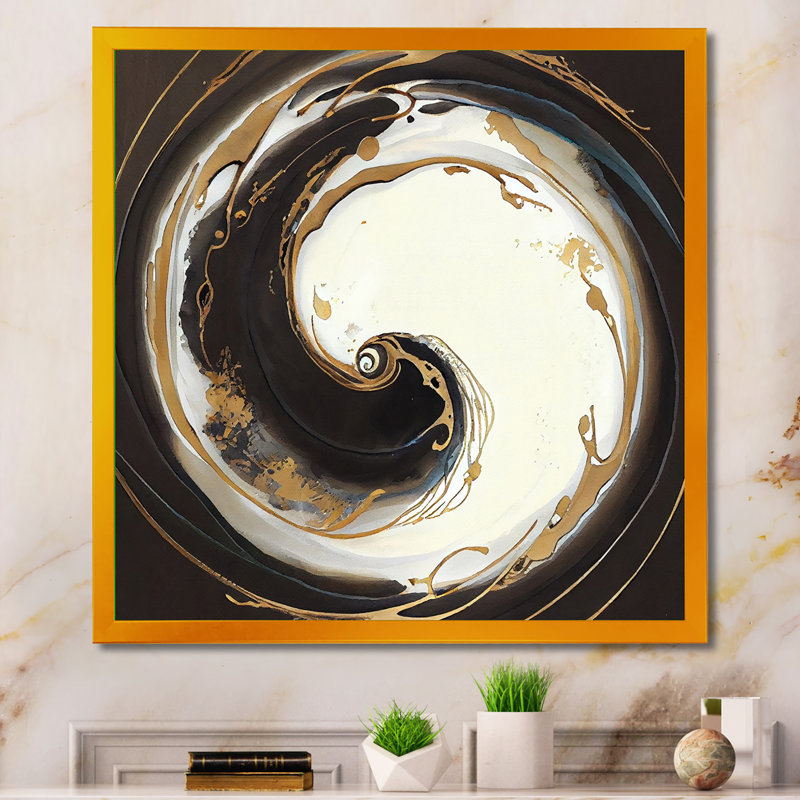 «Black and Gold Circle VII», art mural moderne sur toile, L 24 po x H 24 po, Encadrement doré