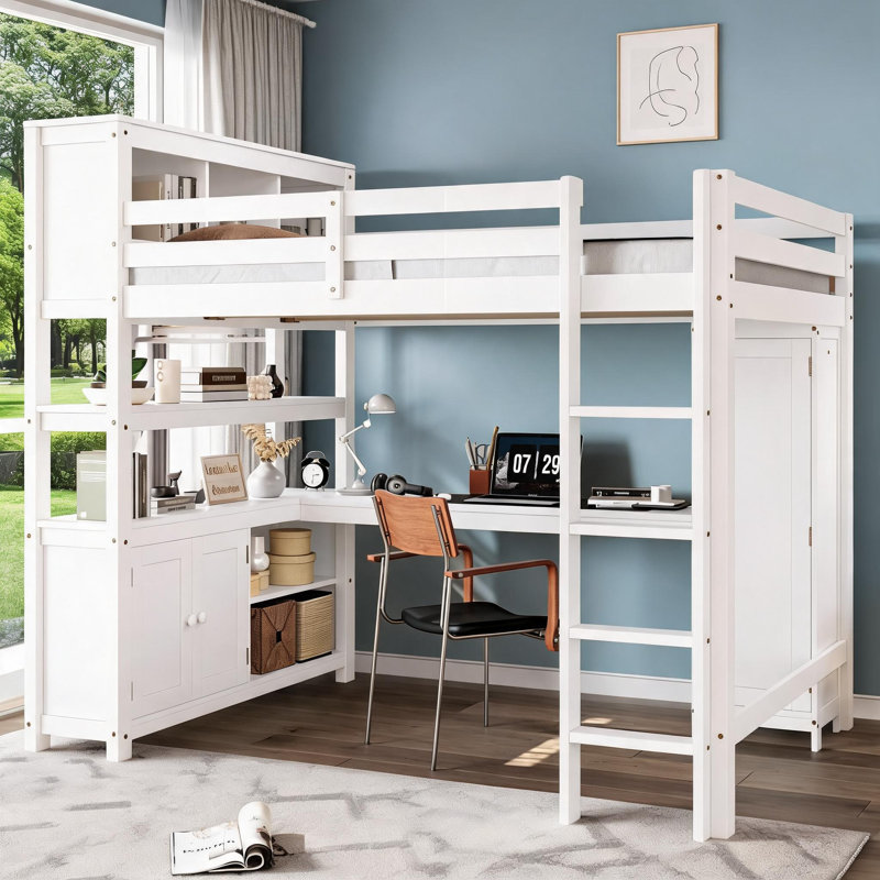 Classic White Solid Pine Queen Size Multi-Functional Storage Platform Loft Bed with Integrated Desk, Wardrobe and Bookshelf