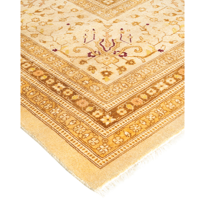 Tapis ivoire traditionnel en laine noué à la main 12 pi 3 po x 18 pi 1 po