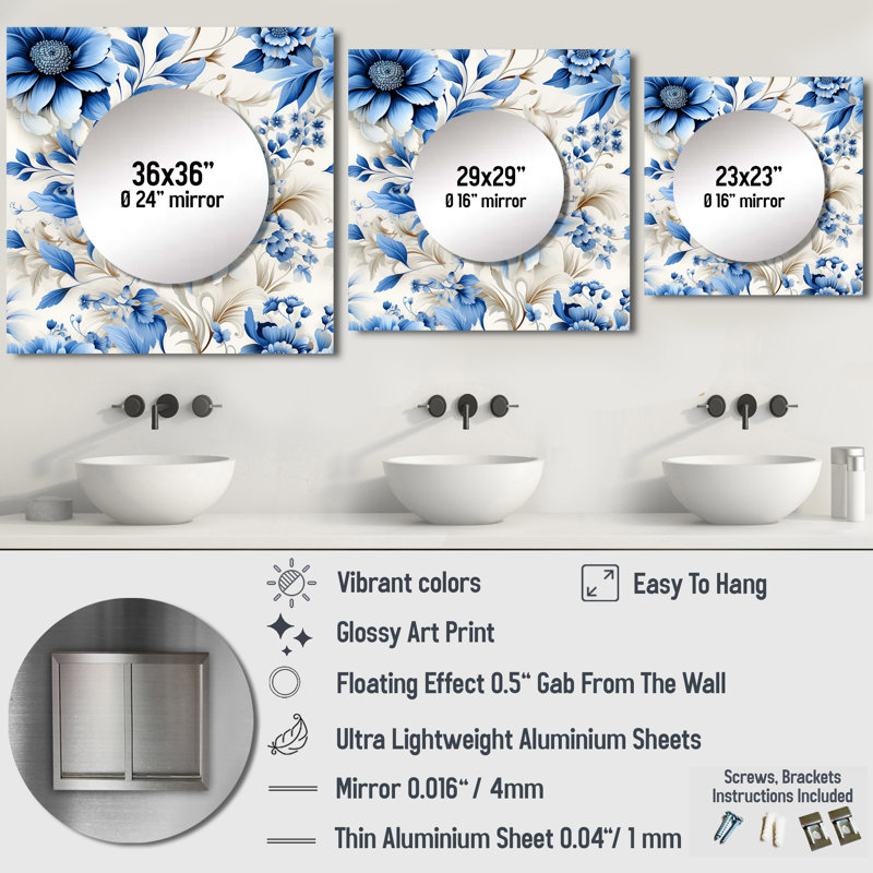 Motif victorien complexe de dentelle cobalt complexe - grand miroir mural carré floral pour chambre à coucher, 29 po x 29 po