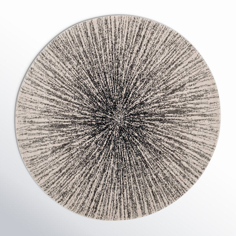 Tapis noir et ivoire à motif abstrait, Rond 9 pi
