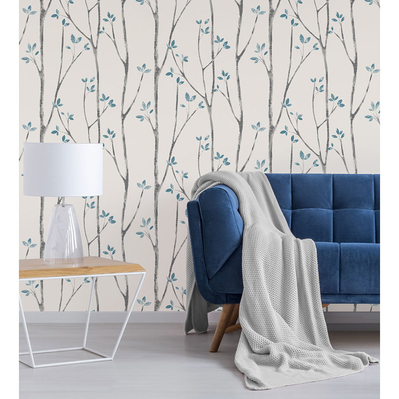 Signe Scandi Tree 33' L x 20.5" W Wallpaper Roll, Blue