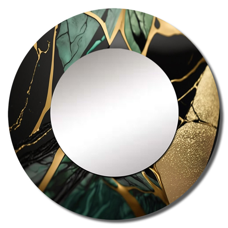 Portlyn - abstrait géode verte III - miroir unique en marbre, grand miroir mural rond moderne, impression d'art en métal