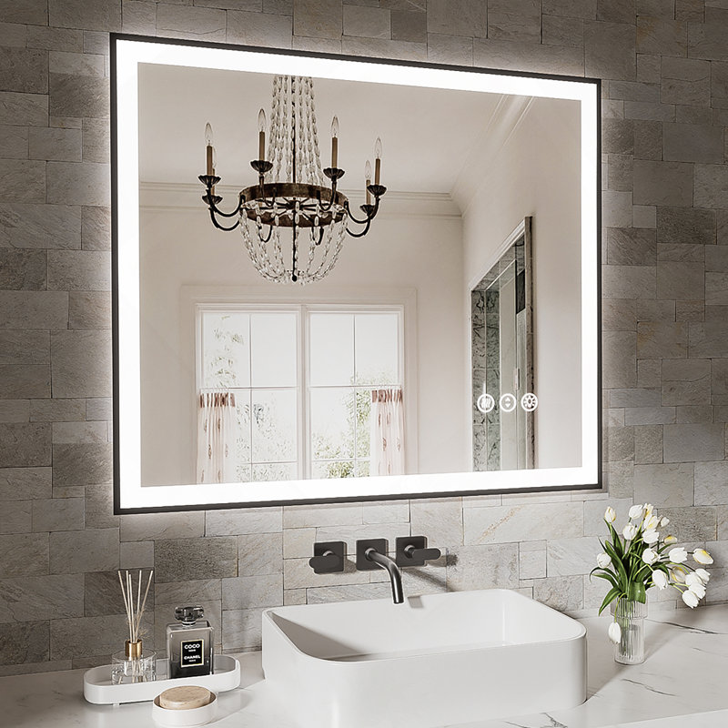 Frameless Led Modern Bathroom Mirror With Defogging  Function And Adjustable Light, 36" x 30", Horizontal, Rectangle