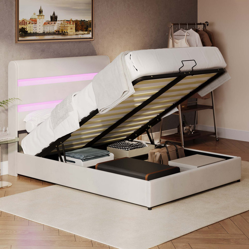Lit plateforme avec rangement Nishaad, Complète, Beige