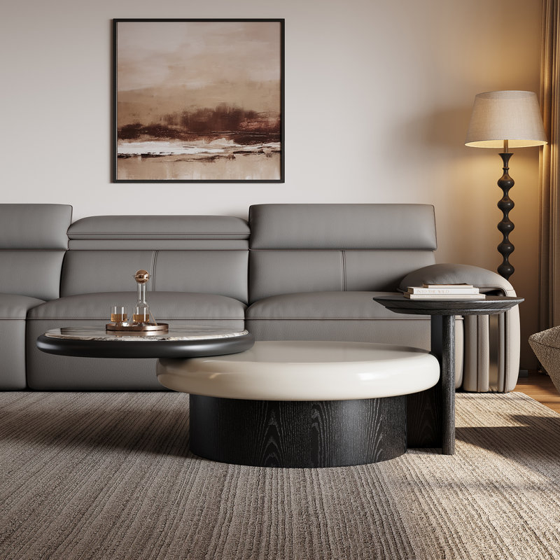 Kerubel Modern Rotatable Wood Coffee Table Set With Stone Countertop