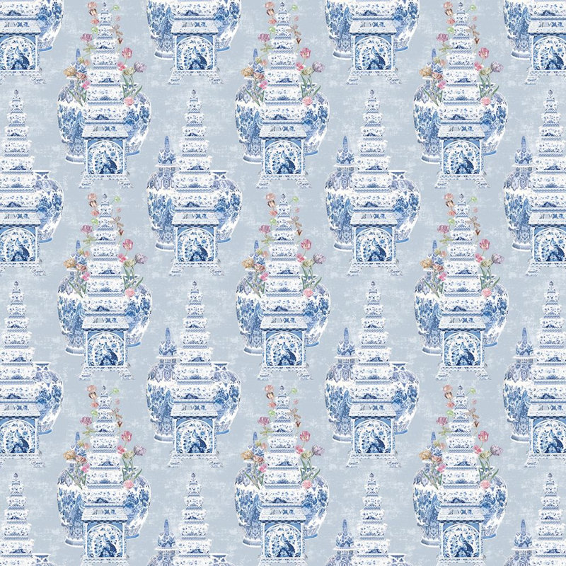 Royal Delft Masterpieces Tulip Fabric, Gray/Blue
