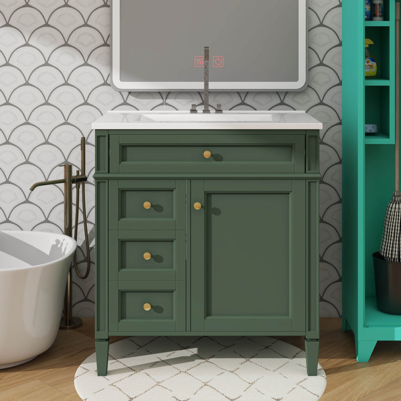 Meuble-lavabo contemporain de 30 po avec 2 tiroirs et 1 tiroir basculant, Doré, Vert