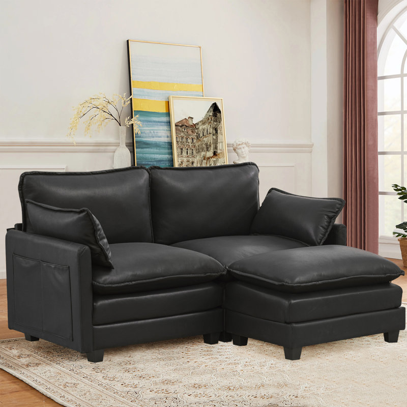 Rhydian 77.6" L-Shaped Couch Sofa With Ottoman Deep Seat Upholstered Sectional, Black Technical Fabric