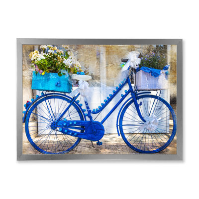 Vélo rétro bleu avec fleurs - Impression sur toile