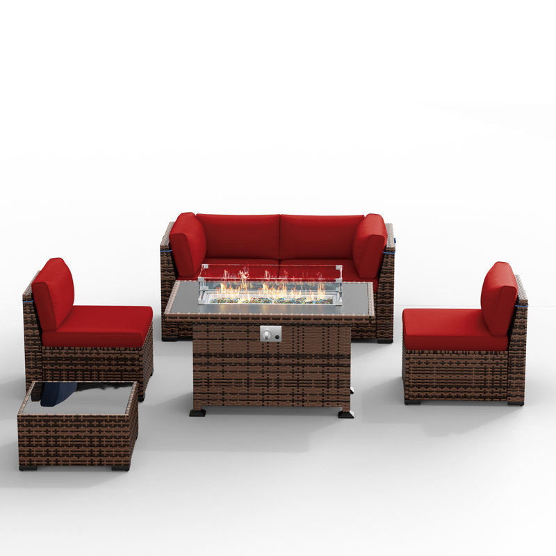 Bhairavi Wicker - Person Modular Patio Conversation Set with Cushions, Burgundy, 4