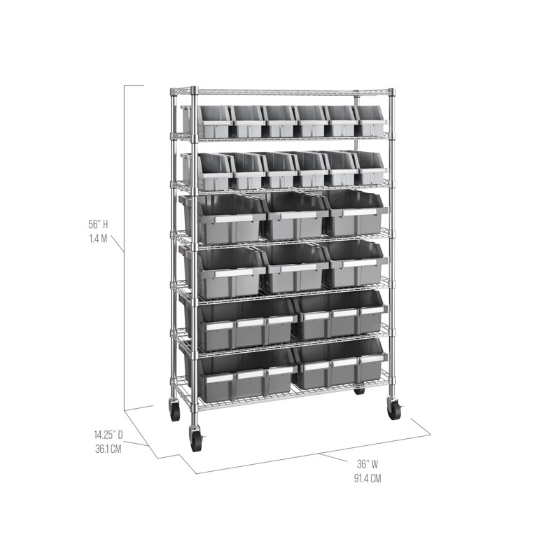 36" W NSF-Certified Commercial 7-Tier 22-Bin Storage Rack with Wheels