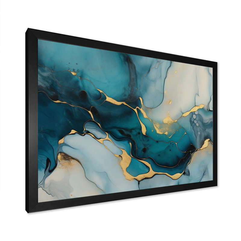 Impression sur toile encadrée turquoise or infusée IV - Fractales, Cadre simple noir, H 34 po x l 44 po x P 1,5 po