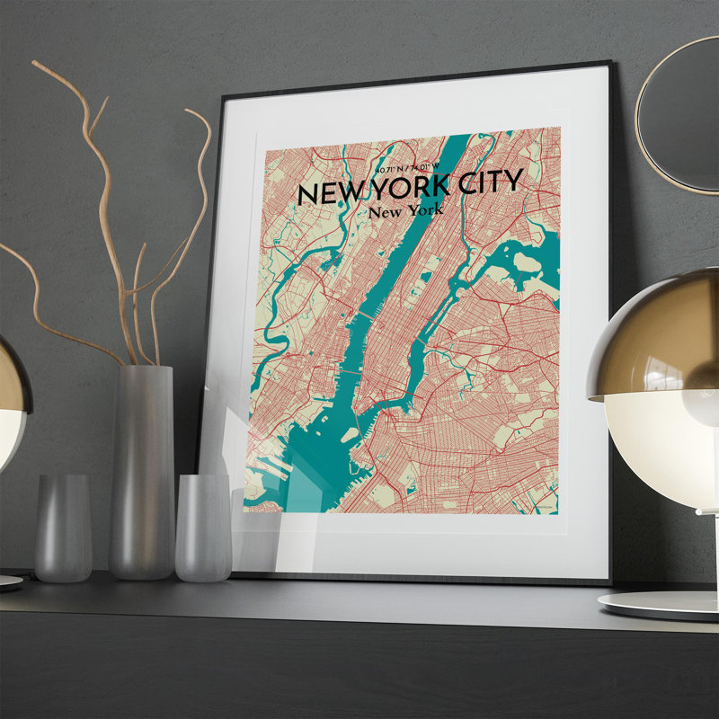 « new york city map », reproduction d’impression sur affiche en vert, H 20 po x l 16 po