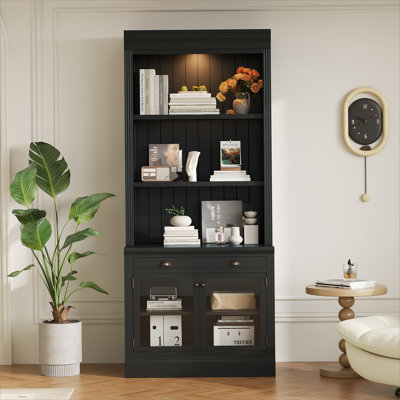 Bibliothèque de 83,4 po de hauteur avec éclairage DEL, bibliothèque moderne avec 2 portes en verre et 1 tiroir, bibliothèque de rangement avec tablettes ouvertes pour le salon, le bureau personnel