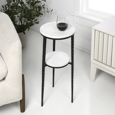 Seraphina Modern 25" Round White Marble 2-Tier Drink Table, Matte Black Metal Small Accent Side End Table for Living Room and Bedroom