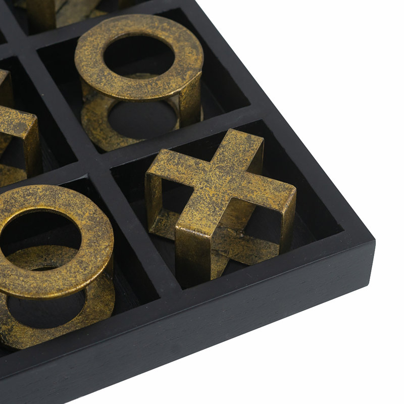 10 x 10 x 1 po, jeu de tic-tac-toe en bois noir avec pièces en fer doré