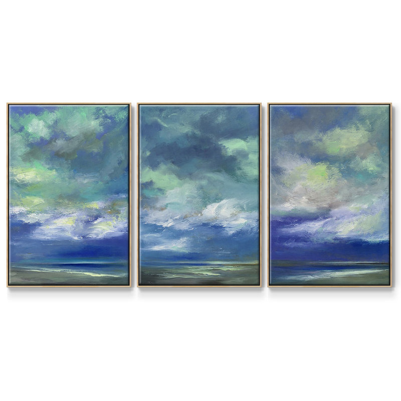 Island Dusk, ensemble de 3 toiles encadrées, Cadre en bois naturel, H 36 po x l 72 po
