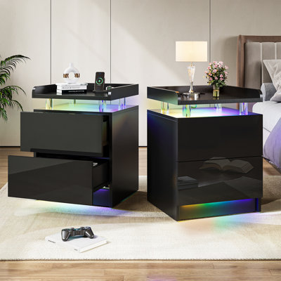 18" W Nightstand With Charging Station, LED Night Stand With 2 Drawers, Bedside Table With USB Port And Outlets For Bedroom by Corrigan Studio