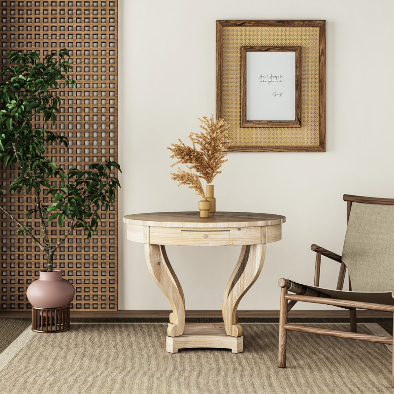 Petite table de bout ronde ronde, style, pieds courbés, grain de bois naturel, 2 tiroirs de rangement, convient aux côtés de coin-repas, finition vieillie, fabrication