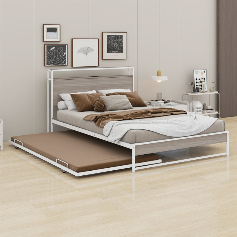 Base de lit plateforme en métal avec couchette, ports USB et support à lattes