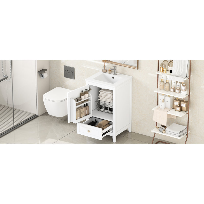 Meuble-lavabo blanc de 50 cm (20 pouces) avec lavabo en céramique, armoire à porte à fermeture douce, tablette de rangement, tiroir, construction, finition peinte, design moderne, meuble-lavabo simple à encastrer sous plan.