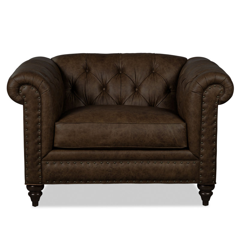 Chaise avec accoudoirs en cuir véritable 52 po Taheem CAL117, Cuir véritable brun