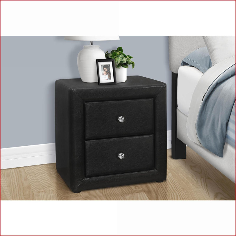 Table de chevet transitionnelle en similicuir noir à 2 tiroirs, Noir