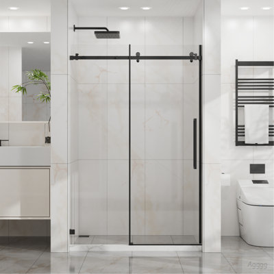 48" W x 72" H Sliding Shower Door, Frameless Sleek Glass Shower Door, 1/4" (6mm) Thick Tempered Clear Glass with Easy-clean Coating, Stainless Steel Hardware, Matte Black