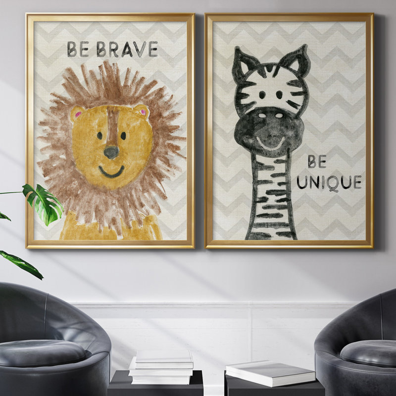 Safari Be Brave - ensemble de 2 reproductions, H 18,5 po x l 49 po x P 1,5 po, Toile encadrée dorée, Pas de tapis